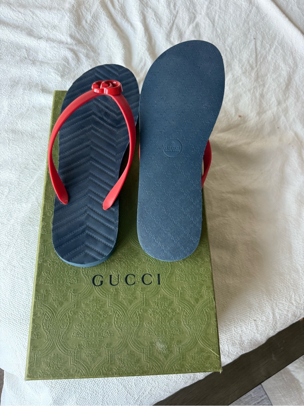 Gucci Navy Footbed with Red Strap Logo Flip Flops - Picture 2 of 4
